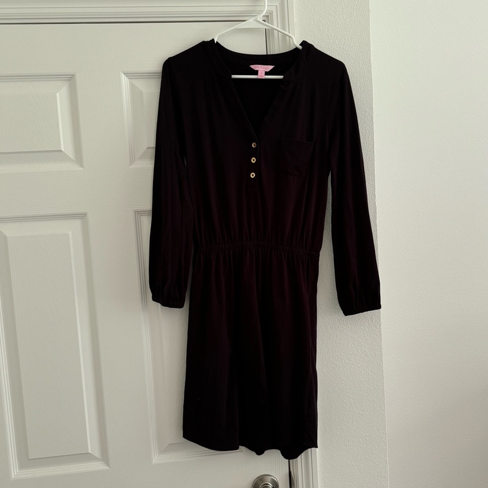 Lilly Pulitzer Black Cotton 3/4 Sleeve Button Front Dress Size Small